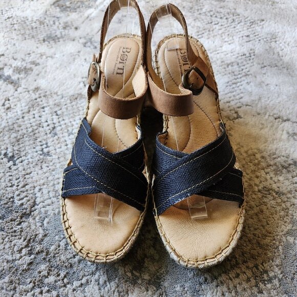 Born Wedge Sandals Women's 9 Blue Fabric Tan Leather Comfort Espadrille Platform - Picture 4 of 9